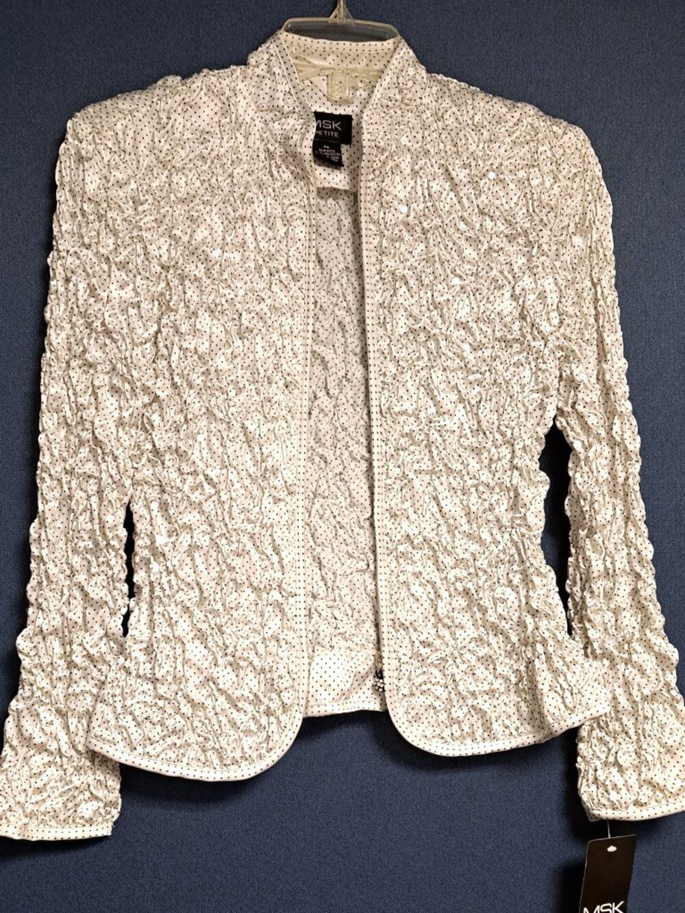 WHITE CRINKLE FABRIC WHITE W BLACK POLKA DOTS JACKET NWT LADIES PETITE SM MSK
